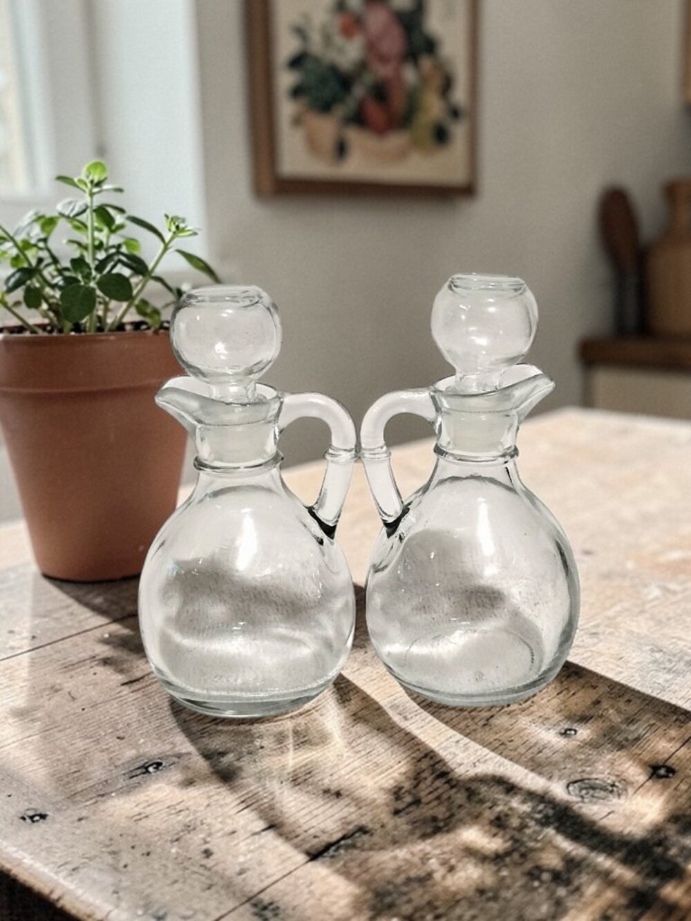 Vintage Pair Clear Glass Cruet Bottles with Ball Stoppers Mexico Bottom Engraved